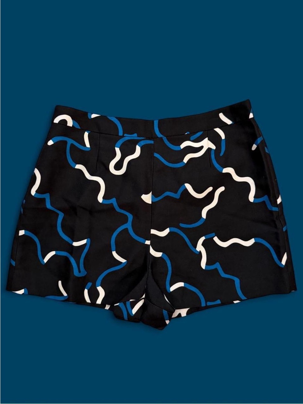 Diane Von Furstenberg Black Shorts with Blue & Cream Wave Print